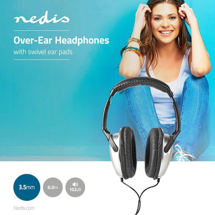 Actual product image Nedis Headphones with cable - Over-Ear - 6 m Round cable - HiFi - Ergonomic ear cups - Silver (Cable)