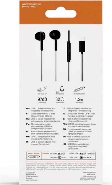 Produktbild Vivanco USB-C Capsule In-Ear Stereo Headset, schwarz, kabelgebunden inkl. Fernbedienung (Kabelgebunden)