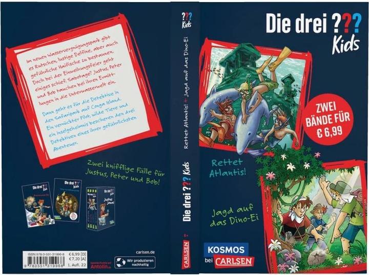 Actual product image Die drei??? Kids: Doppelband. Enthält die Bände: Rettet Atlantis! / Jagd auf das Dino-Ei (German, Ulf Blanck, Stefanie Wegner, Kim Schmidt, Ben Nevis, 2022)