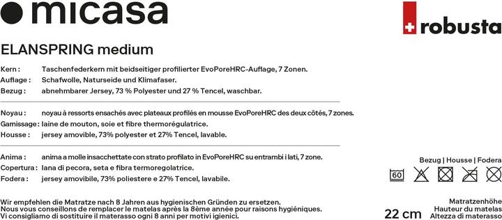 Valeurs nutritives et ingrédients Robusta Swiss Bedding Elanspring (160 x 200 cm, Noyau de printemps)