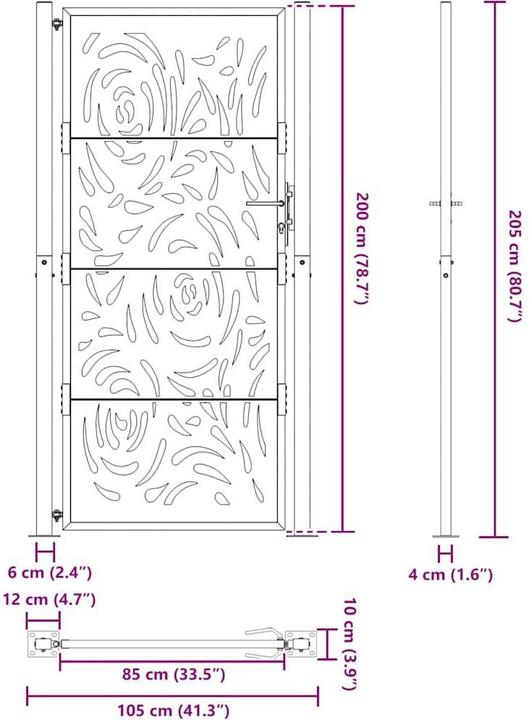 Actual product image VidaXL Garden gate black 105x205 cm steel flame design fence gate outdoor gate