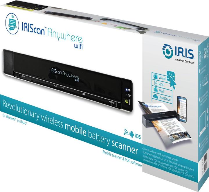 Produktbild Iris IRIScan Anywhere 6 WIFI Simplex 15PPM mit Akku mobiler Dokumentenscanner PDF OCR SW WinMac iOS (USB)