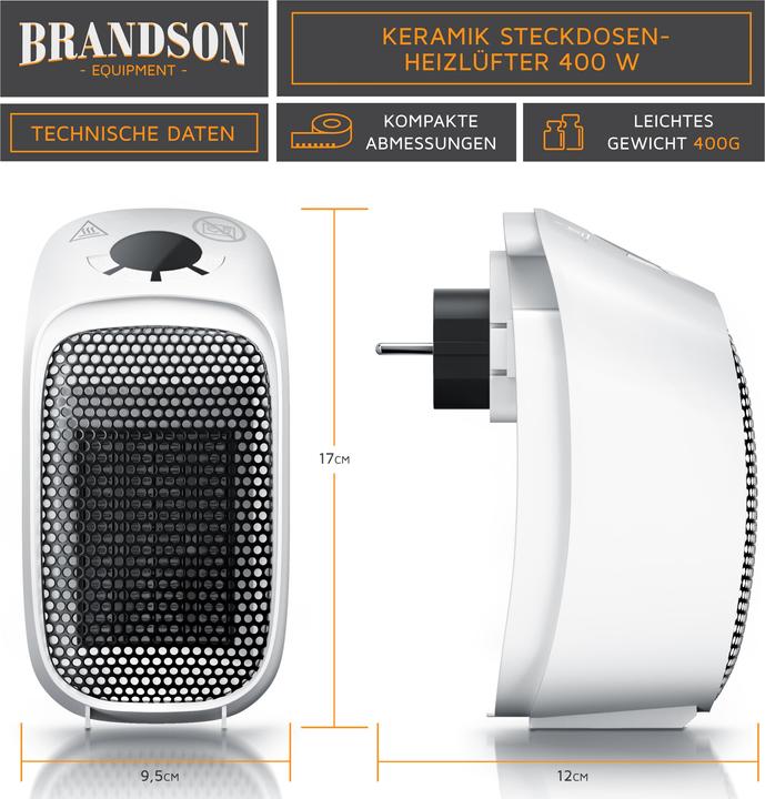 Immagine prodotto Brandson Mini termoventilatore con presa di corrente, termoventilatore in ceramica da 400W, termoventilatore (400 W)
