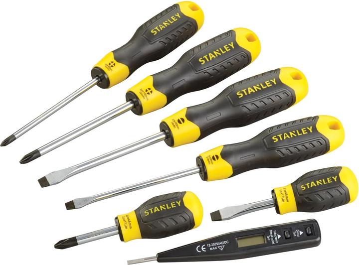 Actual product image Stanley CushionGrip screwdriver set 6 pieces, with voltage tester (Phillipps cross recess (PH), Slotted screws)