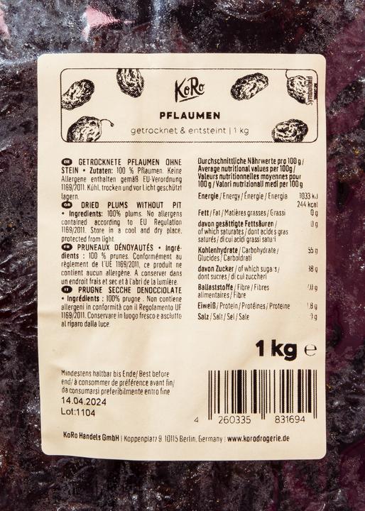 Nutritional values and ingredients KoRo Dried and pitted plums 1 kg (1000 g)