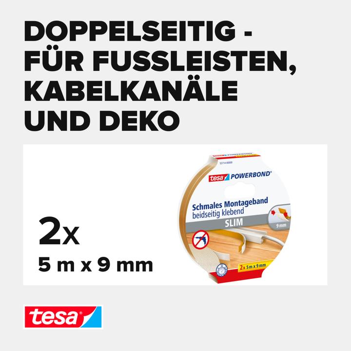 Produktbild tesa Powerbond SCHMAL doppelseitiges Montageband, 2 Rollen (9 mm)