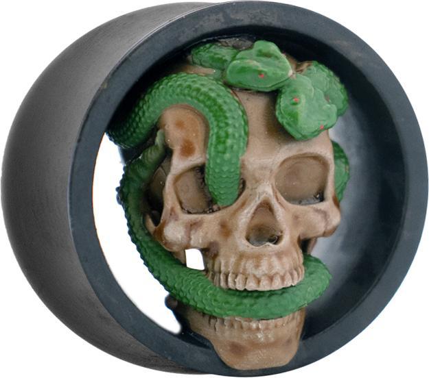 Produktbild Star Piercing Flared Tunnel schwarz Totenkopf mit Schlange links (ohne Messing, Mineralisch, Chirurgenstahl 316L)