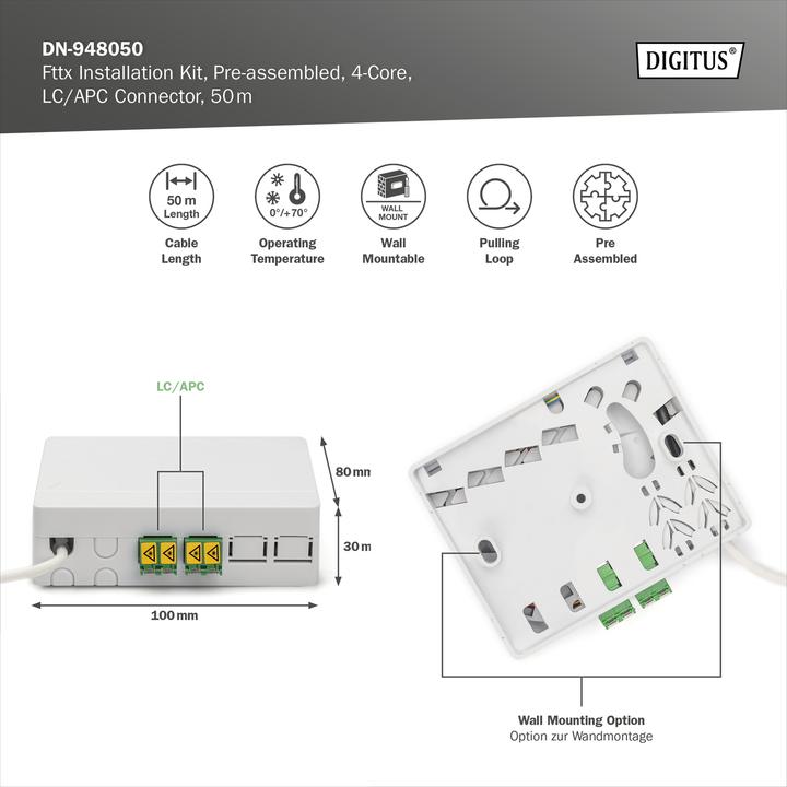Image du produit Digitus Kit d'installation Fttx LC/APC pré-connecté/4 fibres/50m (S/FTP, CAT6, 50 m)