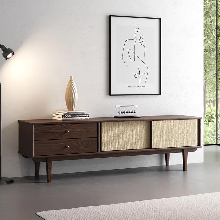 Produktbild IDIMEX Lowboard SIMONA aus Kiefer Massivholz mit Rattangeflecht – Nussbaumoptik