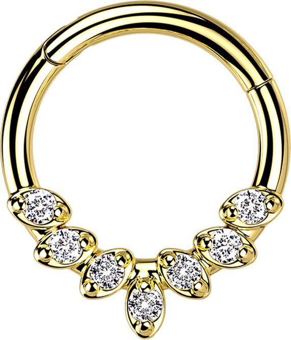 Star Piercing Micro Segmentring klappbar vergoldet sieben Kristallblätter silber (Chirurgenstahl 316L, ohne Messing)