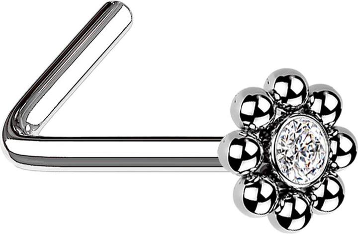 Produktbild Star Piercing Nasenstecker gewinkelt silber Blume mit Kugeln und Kristall (ohne Messing, Chirurgenstahl 316L)