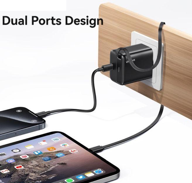 Actual product image Usams Ład. siec. 1xUSB-C ze zwijanym kablem USB-C Retractable PD+QC 30W Gan Fast Charging czarny/bla (30 W)