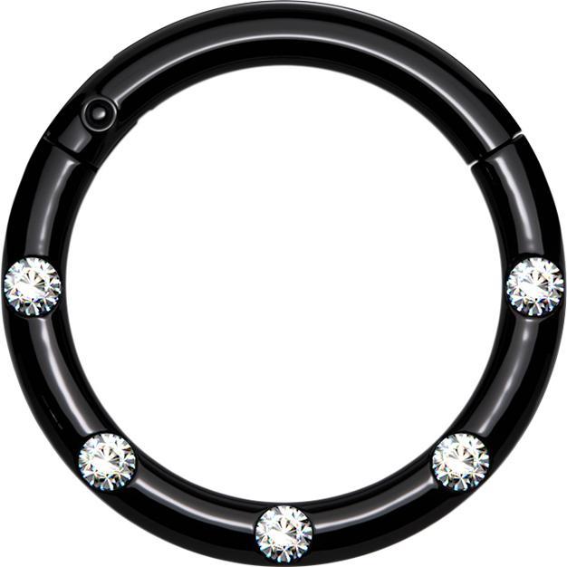 Star Piercing Micro Segmentring klappbar schwarz front fünf Kristalle silber (Chirurgenstahl 316L, ohne Messing)