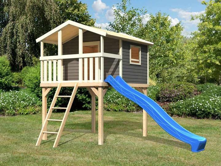 Image du produit Akubi Karibu Maison sur pilotis Benjamin en épicéa gris terra inclus bac à sable et toboggan 3m vert