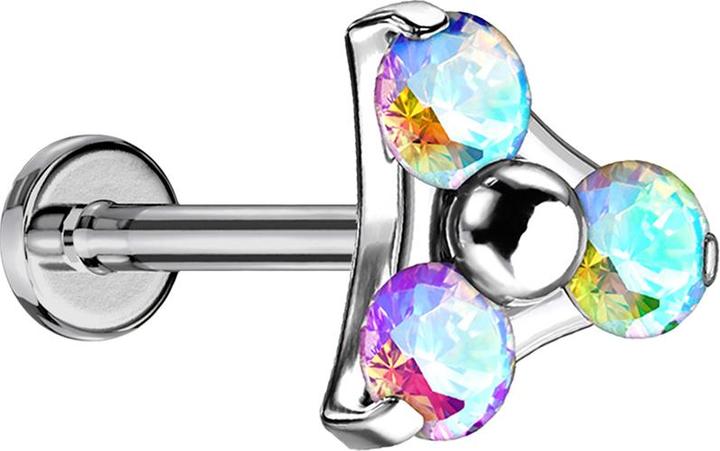 Star Piercing Micro Threadless Labret silber Dreieck drei Kristalle multicolor (ohne Messing, Titan G23)