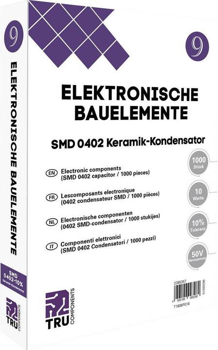 Actual product image Tru Components Ceramic capacitor assortment SMD 0402 50 V 10 % (L x W) 1.0 mm 0.5 1000 parts tape cut