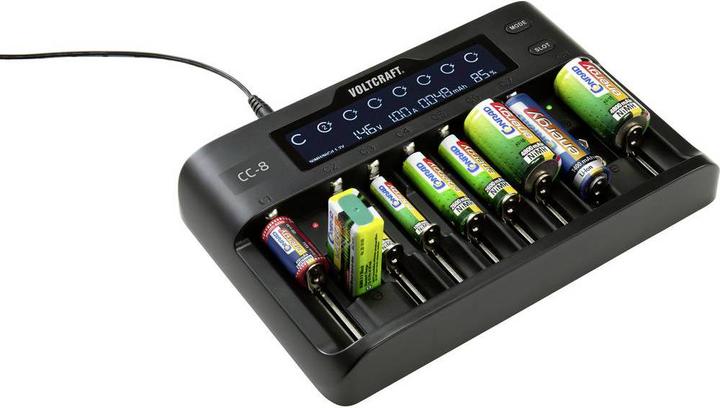Actual product image Voltcraft CC-8 Round Cell Charger (1 pcs., 10340, 14500, 16340, 17500, 17650, 18490, 18500, 18650, 21700, 22650, 26500, 26650, AAA, A, AA, Sub-C, 9V Block, Chargers without battery)