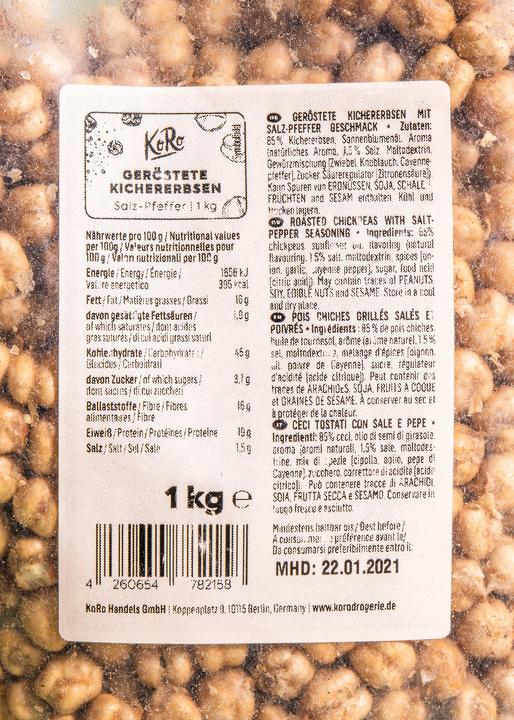 Nährwerte und Zutaten KoRo Geröstete Kichererbsen mit Salz-Pfeffer Geschmack (1000 g)