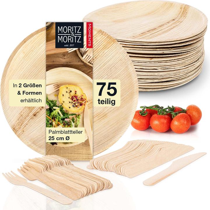 Produktbild Moritz & Moritz 75tlg. Palmblatt Geschirr Rund 25 cm Ã˜ inkl. Besteck Einweg (75 x)