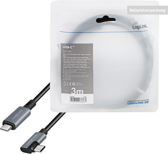 Actual product image LogiLink USB 2.0 Type-C cable, USB-C/M 90° to USB-C/M, E-mark, PD, black, 2 m (2 m, USB 2.0)
