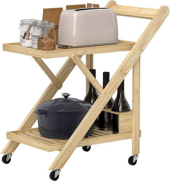 Image du produit Swisshandel24 Küchenwagen Servierwagen mit Arbeitsplatte, 2 Ebenen, Weinregal, für Büro Natur
