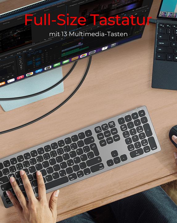 Produktbild KeySonic Full-Size Aluminium Tastatur, Bluetooth® & RF, für Win & macOS (DE, Kabellos)