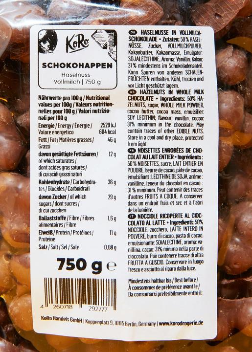 Valeurs nutritives et ingrédients KoRo Noisettes au chocolat au lait (1 pcs, 750 g)