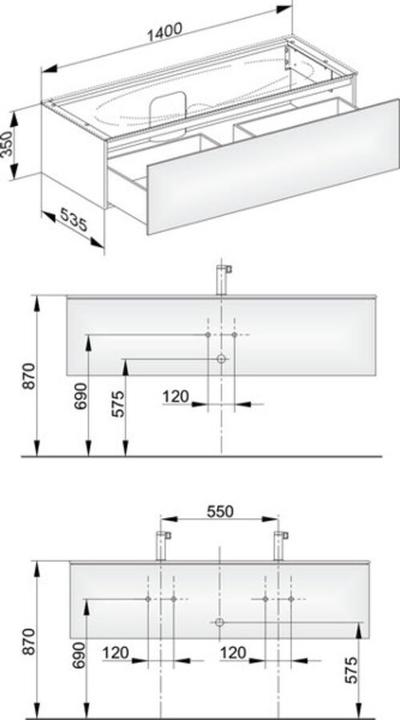 Actual product image Keuco Edition 11 Vanity unit 31361, 1 pot-and-pan drawer, with LED interior lighting, 1400 x 350 x 5