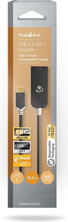 Immagine prodotto Nedis Adattatore USB USB 3.2 Gen 1 USB-CT maschio DisplayPort femmina 0,20 m Rotondo PVC placcato oro (USB-C, 20 cm)
