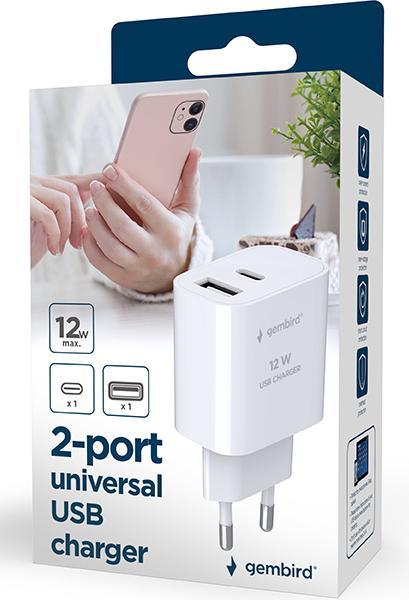 Produktbild Gembird CHARGER USB UNIVERSAL WHITE/2P TA-UC-2AC12-01 (12 W)