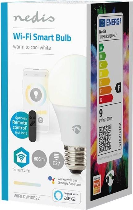 Actual product image Nedis WIFILRW10E27 SmartLife LED Bulb WLAN E27 806 lm 9 W Warm to Cool White 2700 - 6500 K Energy class (E27, 9 W, 806 lm, 1 x, F)