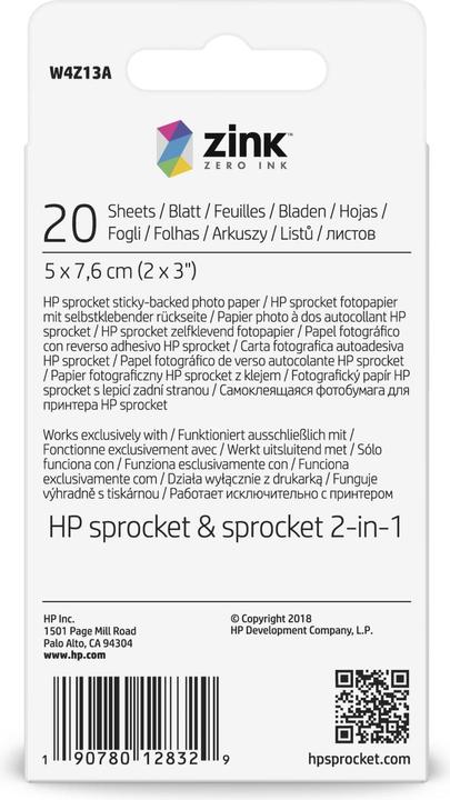 Produktbild HP Sprocket Fotopapier Zink (290 g/m², Foto (5x7.6cm), 20 x)