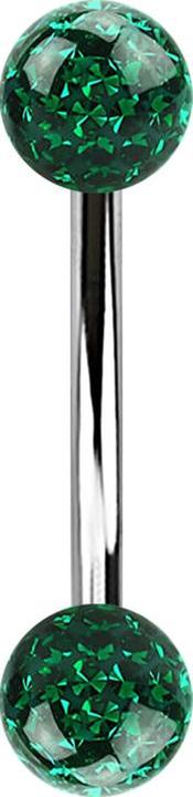 Image du produit Star Piercing Banane argentée avec deux boules de cristal vertes couche protectrice d'époxy (Acier chirurgical 316L)