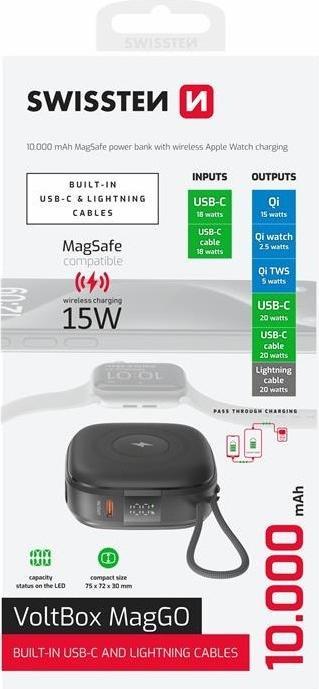 Image du produit Swissten Power Bank Voltbox Maggo 10000 Mah with Built-In Cables + Magsafe + Apple Watch (10000 mAh, 20 W, 20 Wh)