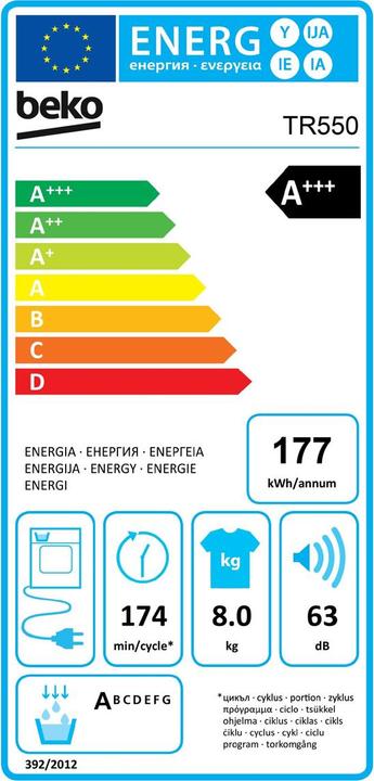 Label énergétique Beko Sèche-linge TR550 Droite/Interchangeable (8 kg, Modifiable, Droite)