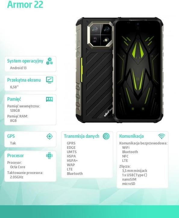 Immagine prodotto Ulefone Armor 22 (128 GB, Un po' di verde, 6.58", Doppia SIM, 64 Mpx, 4G)