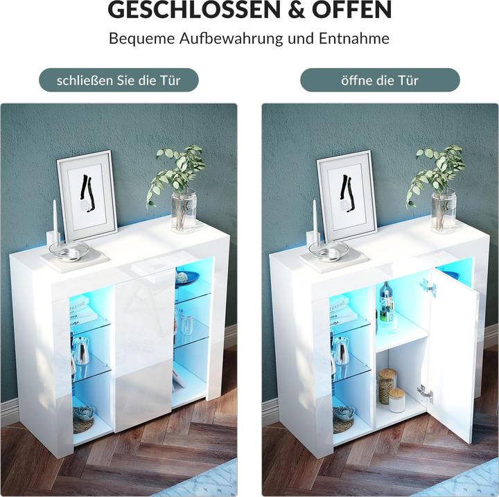 Actual product image SONNI Sideboard, kitchen cabinet with LED lighting (adjustable in 12 colors), white, high gloss, sto
