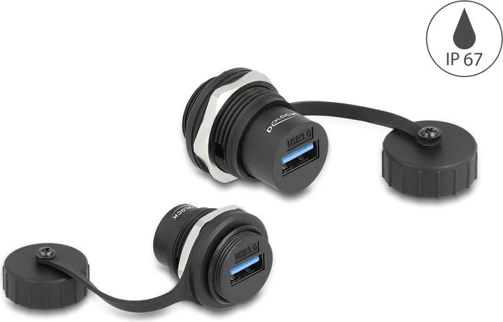 Actual product image Delock USB 3.2 Gen 1 Type-A panel jack with sealing cap IP67 dust- and waterproof