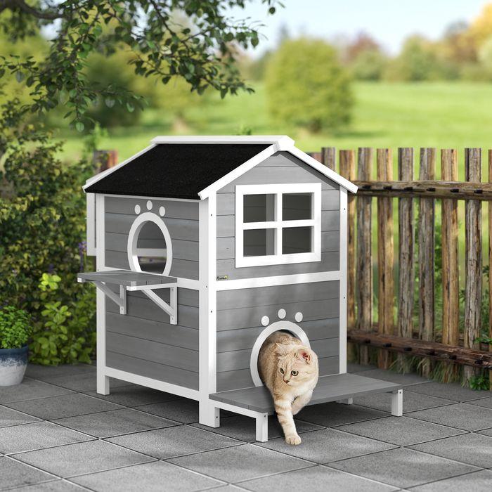Actual product image Swisshandel24 Katzenhaus aus Holz Katzenhöhle mit Fenster, Balkon für Indoor, Outdoor Grau (Cat)