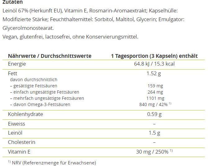 Nährwerte und Zutaten Alpinamed Leinöl Kapseln (100 Stück, Kapseln, 112 g)