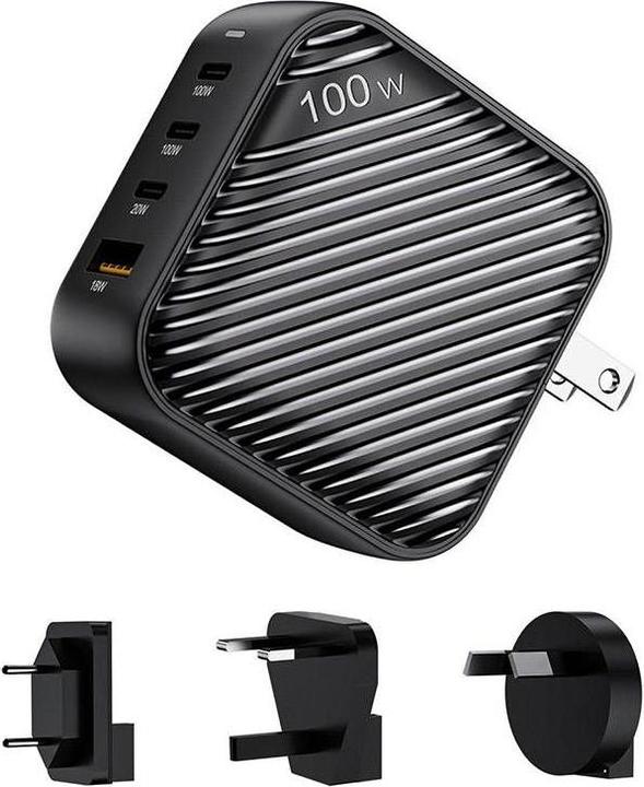 Invzi GanHub 3x USB-C + USB wall charger, 100W, EU/UK/AU/US (black) (100 W)