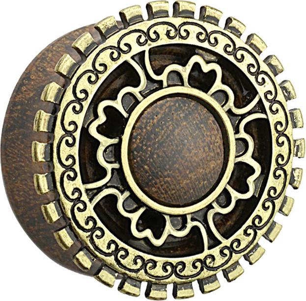 Produktbild Star Piercing Flared Plug aus Sonoholz mit Tribal Schild Zahnrad (Organisch, Messing)