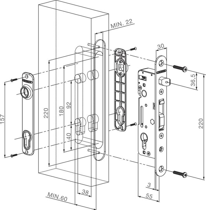 Actual product image Locinox Tubular frame lock H-metal with hook bolt, DM 35, PZ 92, round forend, stainless steel