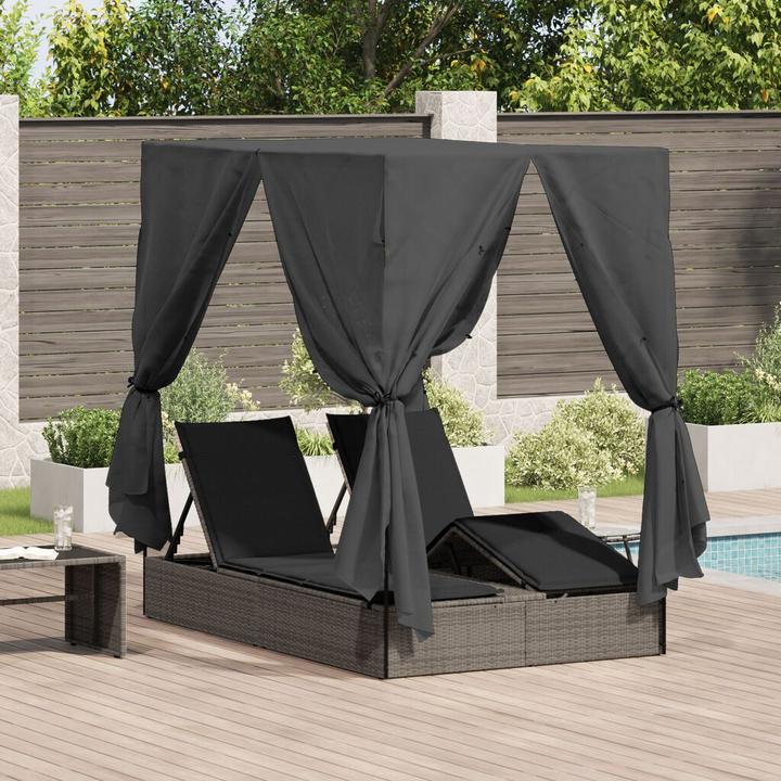 Image du produit VidaXL Doppel-Sonnenliege mit Dach und Vorhängen Grau Poly-Rattan