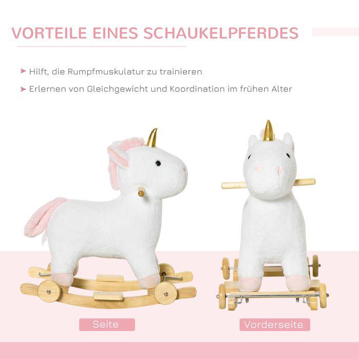 Immagine prodotto Swisshandel24 Cavallo a dondolo 2-IN-1 Animale a dondolo con ruote Peluche Bianco 63 x 38 x 63 cm