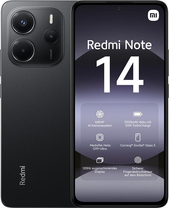 Actual product image Xiaomi Redmi Note 14 (128 GB, Midnight Black, 6.67", Hybrid Dual SIM, 108 Mpx, 4G)
