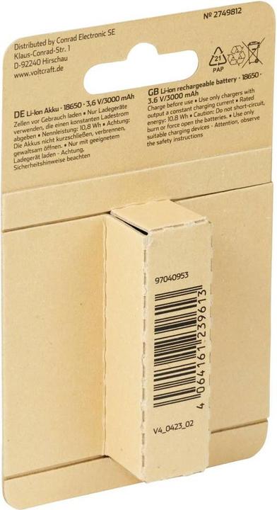 Image du produit Voltcraft VC-Li 3,6-3000 Batterie spéciale 18650 Li-Ion 3.6 V 3000 mAh (3.60 V, 3000 mAh)