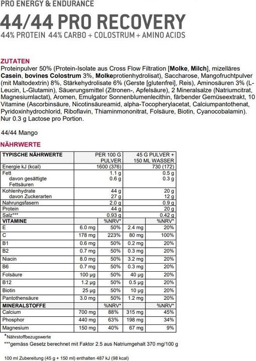 Nutritional values and ingredients Sponser Pro Recovery 44/44 (Mango, 1 pcs., 800 g)