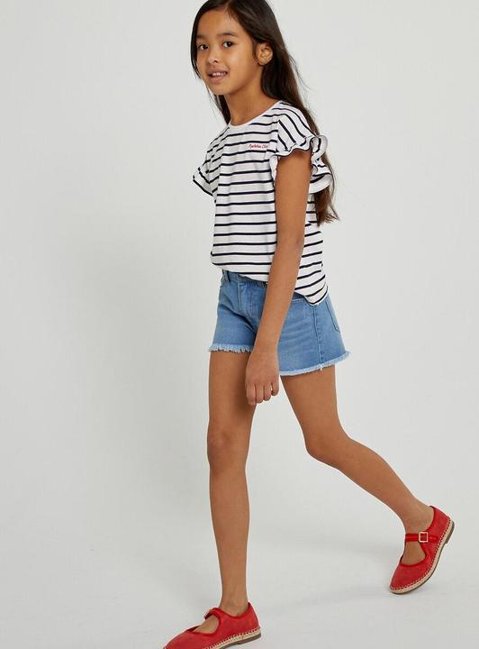 Actual product image La Redoute Collections Striped T-shirt with sleeve flounces and message embroidery (102)