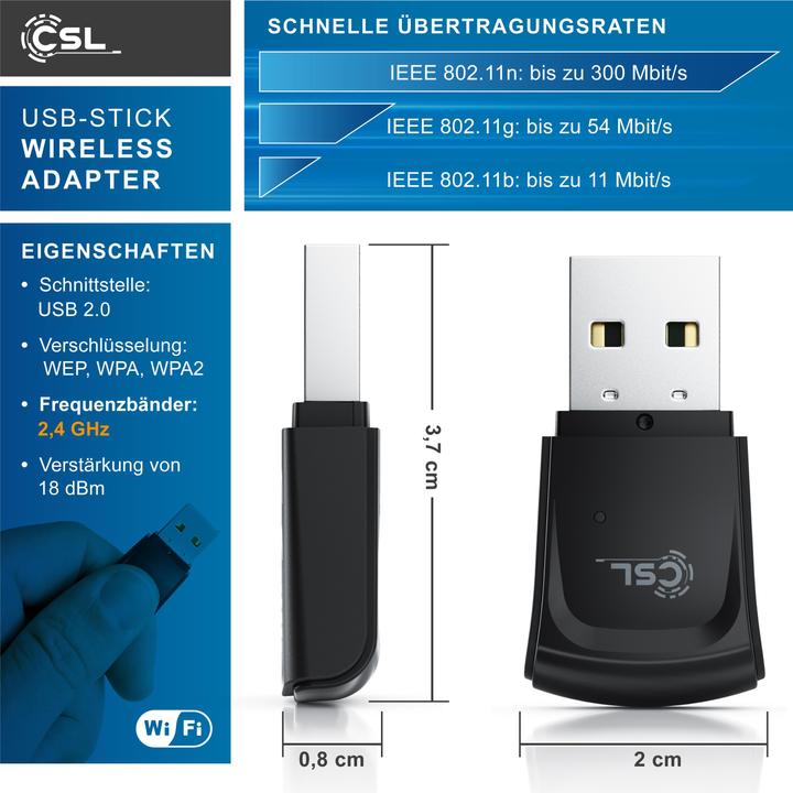 Image du produit CSL Dongle WLAN, clé USB 300 Mbit/s Adaptateur WiFi 2,4 Ghz 2T2R, gain 18 dBm, WEP WPA WPA2 (USB 2.0)